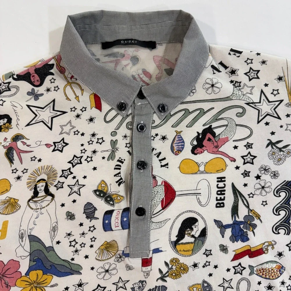 Gucci Mens Tattoo Print Polo Shirt Size 54 White Nautical Mermaid Made In Italy